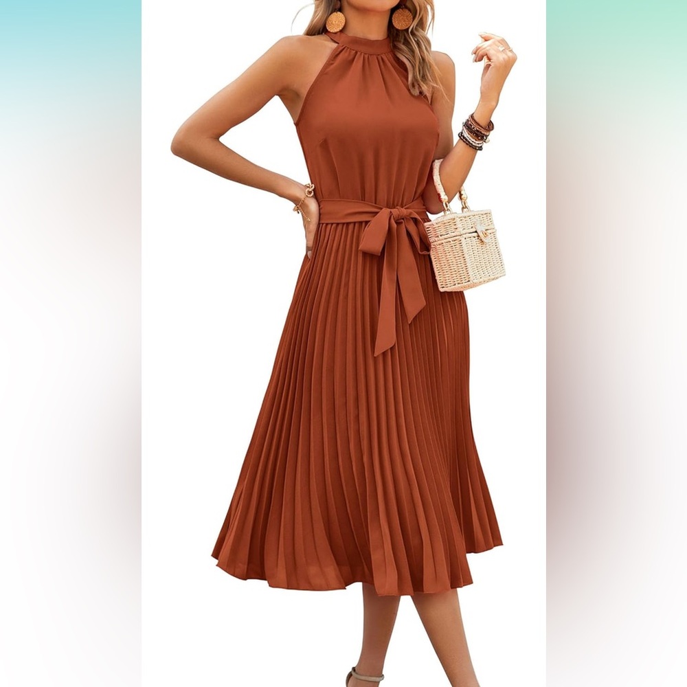 NWT Sleeveless Halter Neck Pleated Midi Cocktail Dress